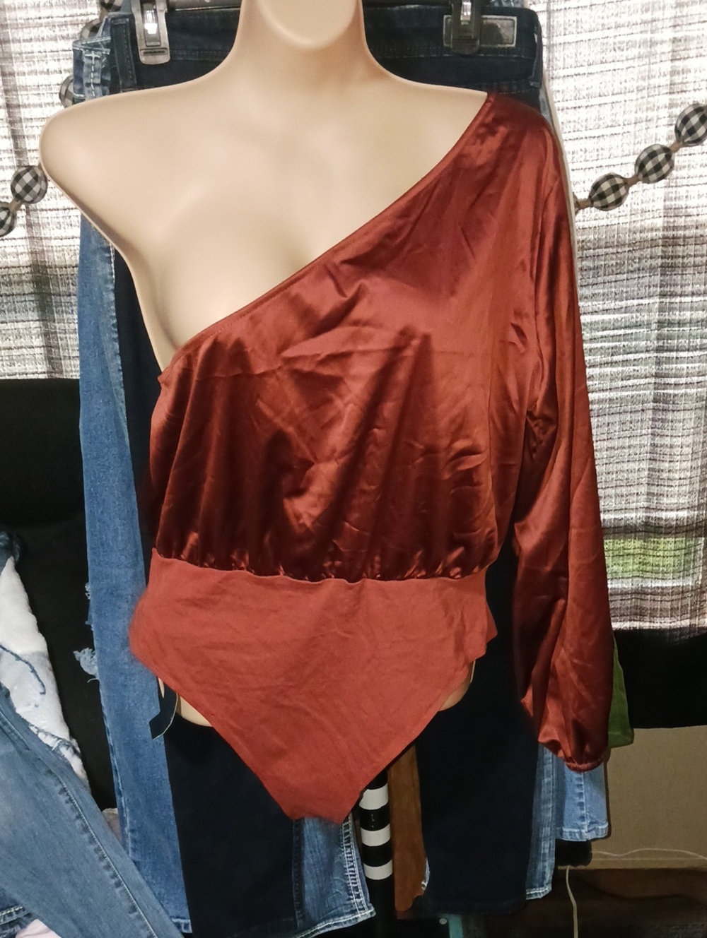 SHEIN One-Shoulder Satin Bodysuit in Rust